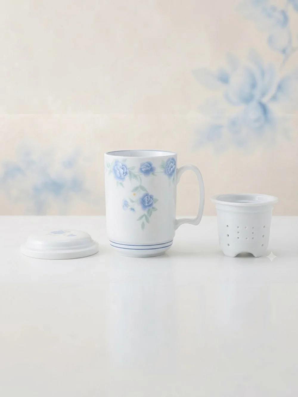Floral Tea Mug with Infuser & Lid | Porcelain Blue Flower Tea Cup Set **